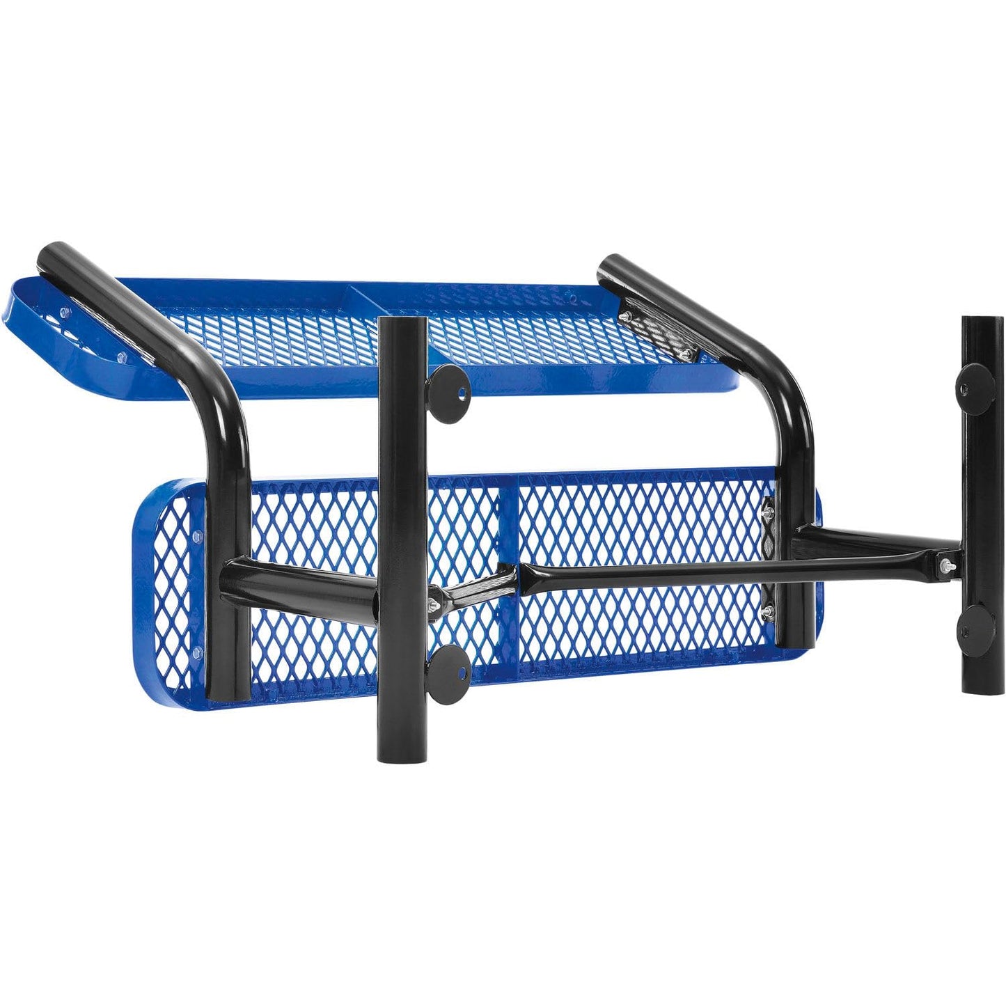Global Industrial 4'L Heavy Duty Expanded Metal Mesh Bench with Backrest with Steel Frame, Portable Outdoor Bench, 1000 lbs Capacity, Blue, 48" L x 24" W x 33" H