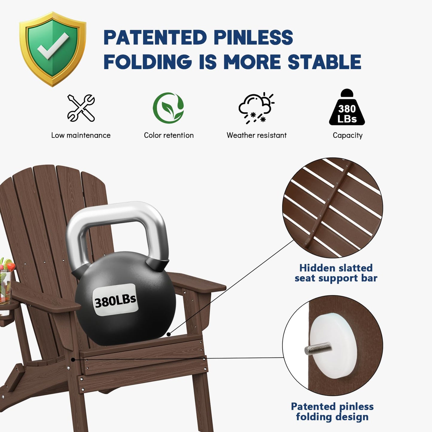 Plawdlik Folding Adirondack Chair, SGS Tested, Wooden Textured with Cup Holder, Heavy All-Weather HDPE Comfortable Set Poolside Backyard Lawn Coffee