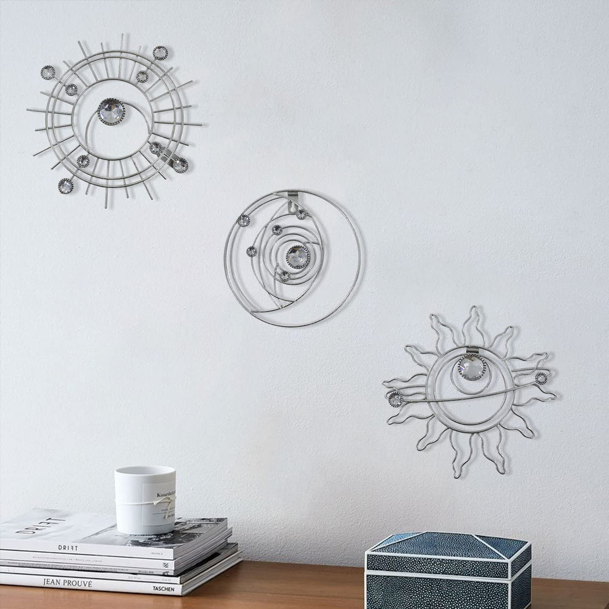 Silver Metal Wall Art, Abstract Sun Moon Star Decor, Handmade Wall Decor