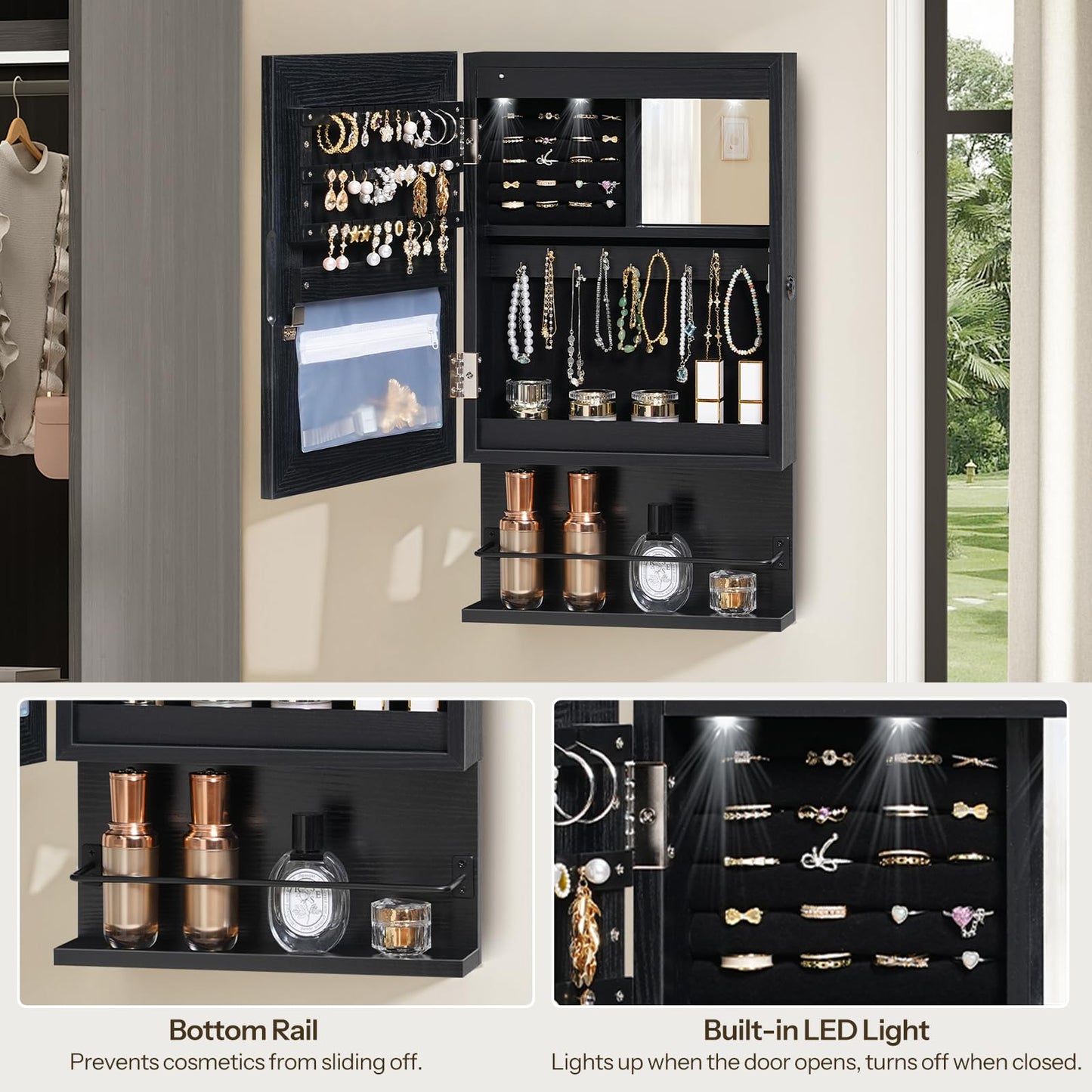 HOOBRO Wall Mounted Jewelry Cabinet, LED Jewelry Armoire with Interior Mirror, Hanging Jewelry Organizer for Wall, Lockable Jewelry Storage Cabinet, 3.9 x 11.8 x 20.9 Inches, Black