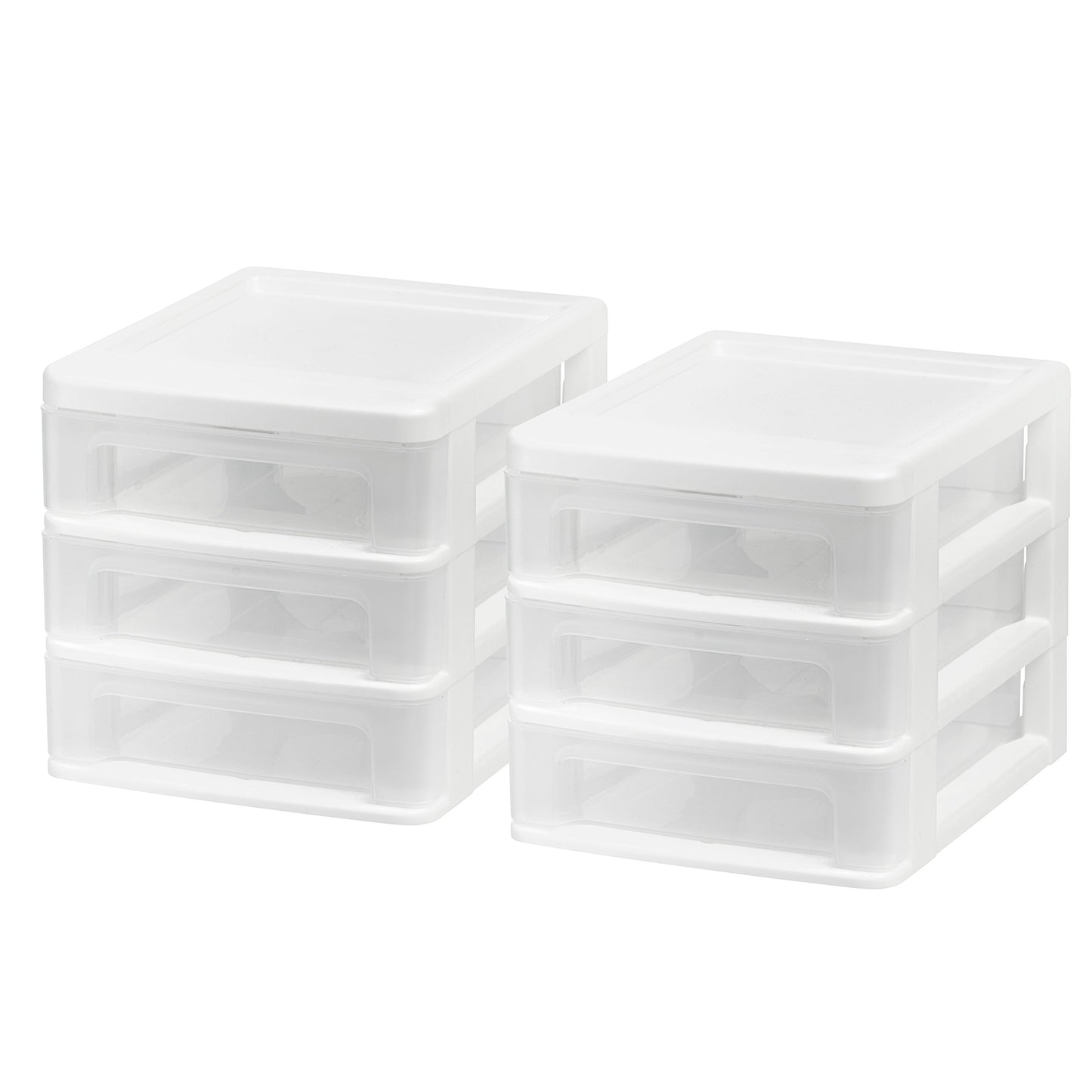 IRIS USA Plastic Stacking Desk Top 3-Drawer Storage Organizer, 2-Pack, for Makeup Vanity Nail Polish Bathroom Stationery Art Craft Supplies Kitchen Office Garage and Small Organization, Small, White