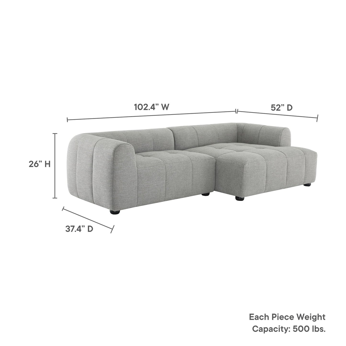 Modway Liana Right-Facing Modular Sofa with Chaise in Pewter - Modern Sectional Sofa Couch Furniture Set - Upholstered Fabric Chaise and Chair for Living Room, Lounge, Apartment
