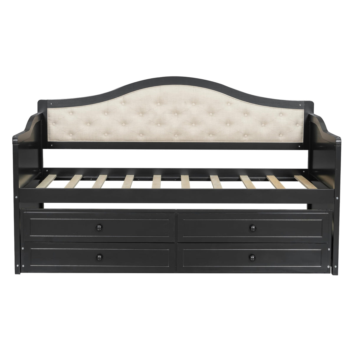 GDFStudio Twin Daybed with Trundle and 2 Storage Drawers, Upholstered Button Tufted Wooden Daybed Sofa Bed, Twin Size Pull Out Trundle Bed Frame for Living Room Bedroom Guest Room, Black