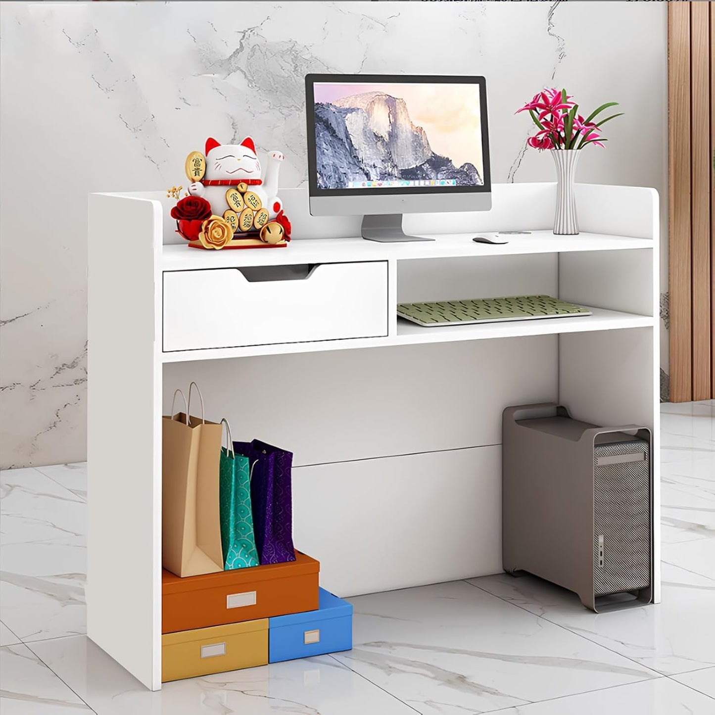 ZLyXZQG Modern Salon Check Out Retail Checkout Counter Standing Reception Room Tables Front for Small Spaces with Drawer Receptionist Desk for Office Hotel Flower Clothing Store(White,Small)