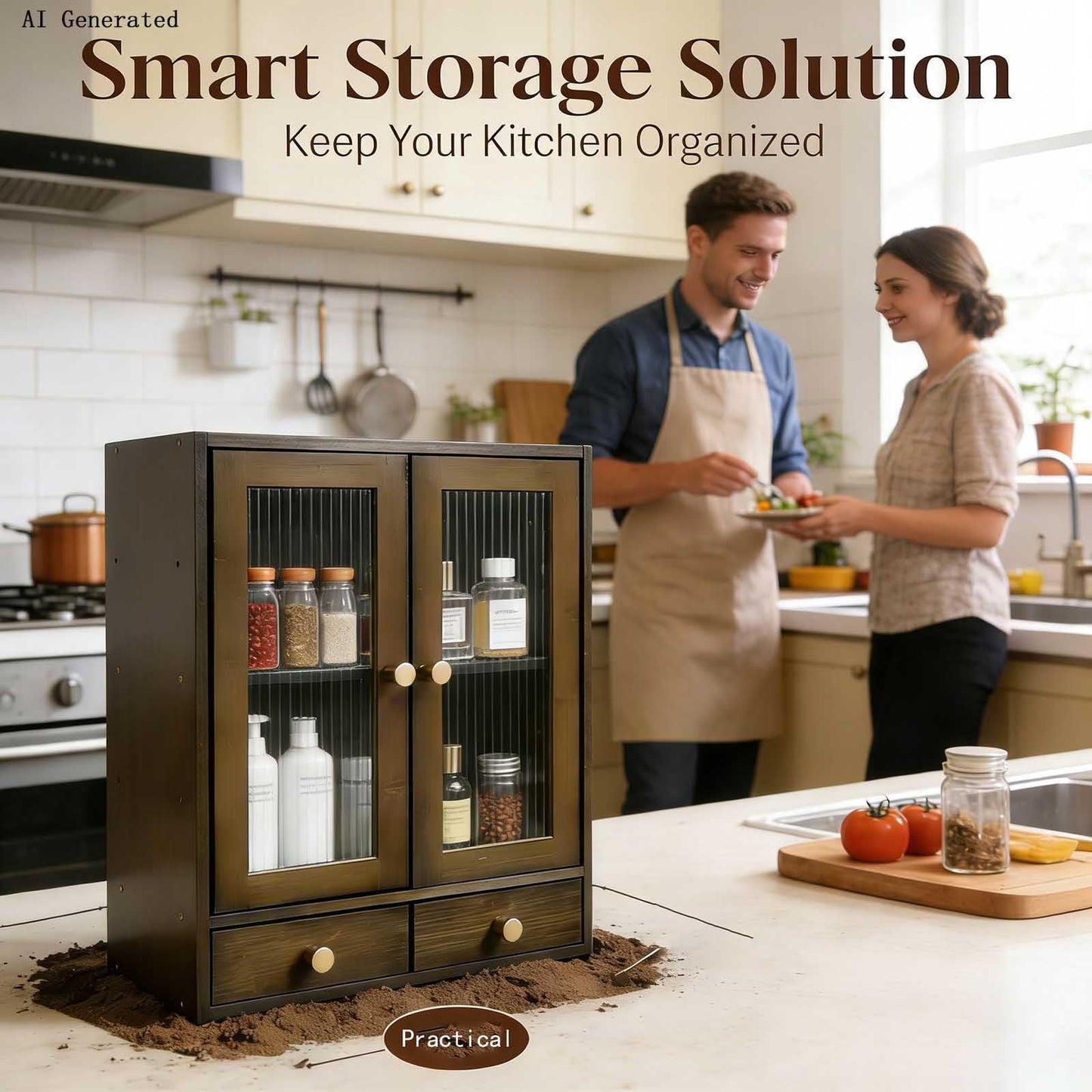 RZGZKLSH with Magnetic Door Countertop Cabinet，Storage Cabinet, Sideboard，Nanzhu Organizer for Kitchen Living Room Bedroom Bathroom Office with a drawer14.6x6.7x18.1(Brown