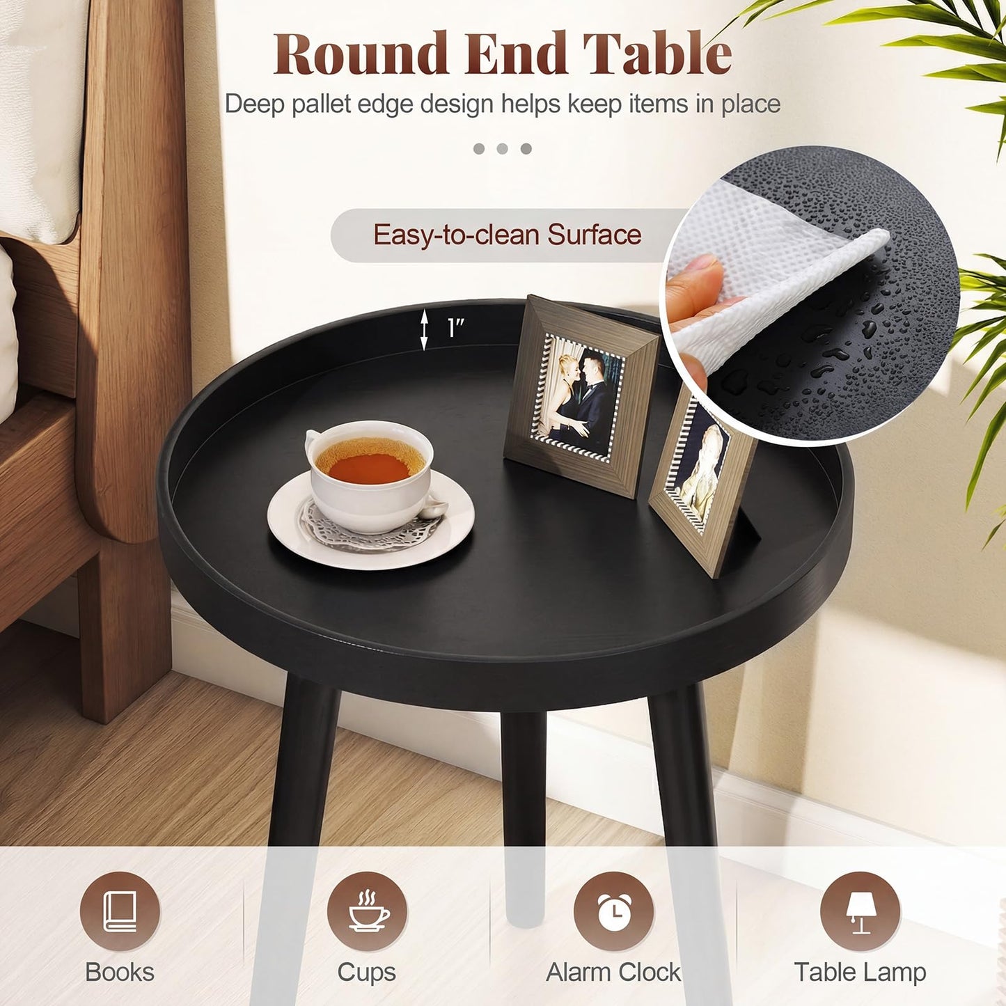 Giantex Round End Table, Mid Century Modern Side Table with Wooden Tray & Bamboo Legs, Sofa Couch Accent Table, Small Coffee Table for Small Space Living Room, Nightstand for Bedroom, Black
