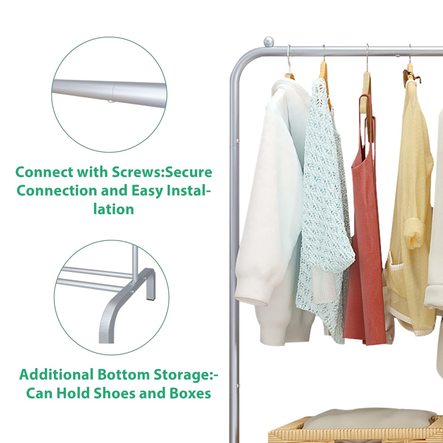 JIUYOTREE Metal Clothing Rack 43.3 Inches Clothes Garment Coat Rack with Bottom Shelf Clothing Rack for Hanging Clothes Coats Skirts Shirts Sweaters Silver Gray