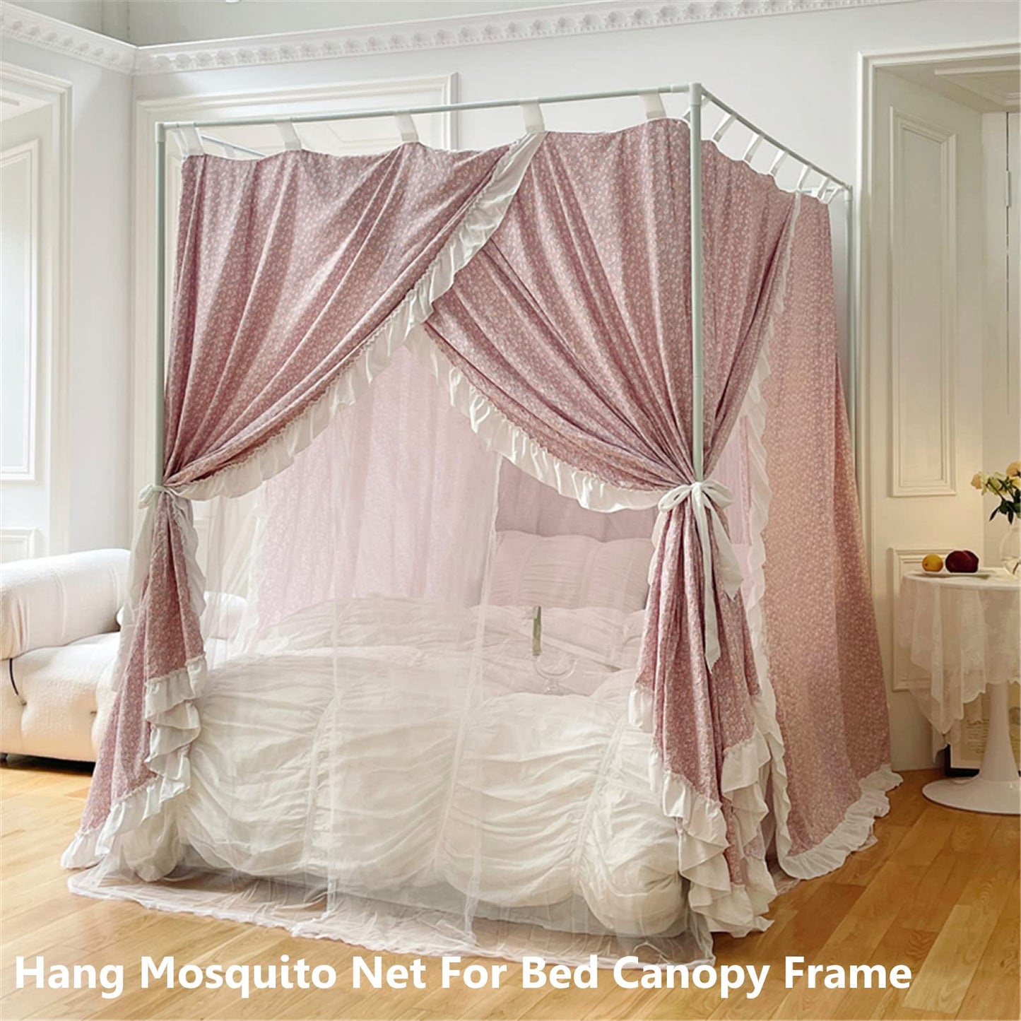 AIKASY Full Size Canopy Bed Frame with Outer Support, Thickened Metal Poles & Four Corner Brackets, Compatible with Metal/Wood Base for Bedroom Decor (White)