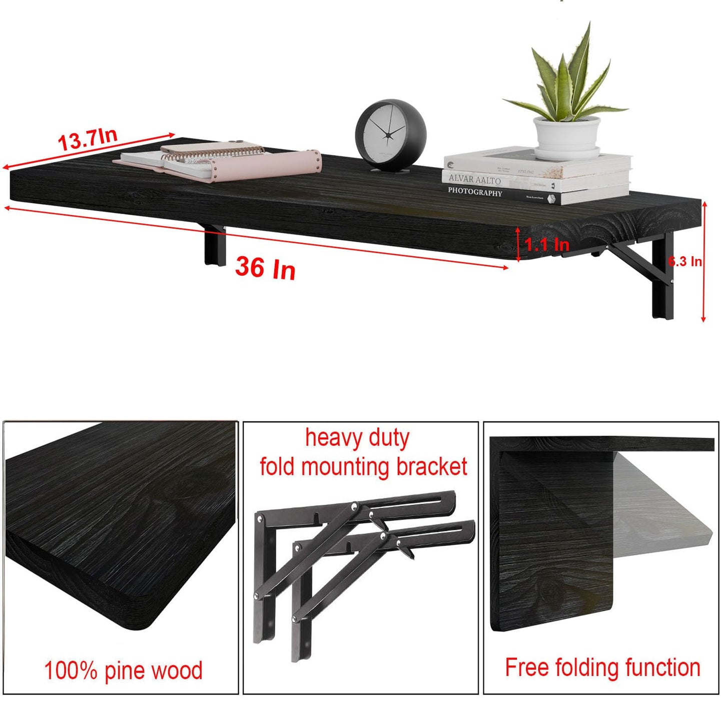 IAE Wall Mounted Folding Table with Pine Wood,36" x 14" Floating Wall Desk,Laundry Folding Table with Shelf Brackets,Fold Down Desk Shelf,Fold Workbench for Apartments,Home,Laundry Room,Kitchen,Black