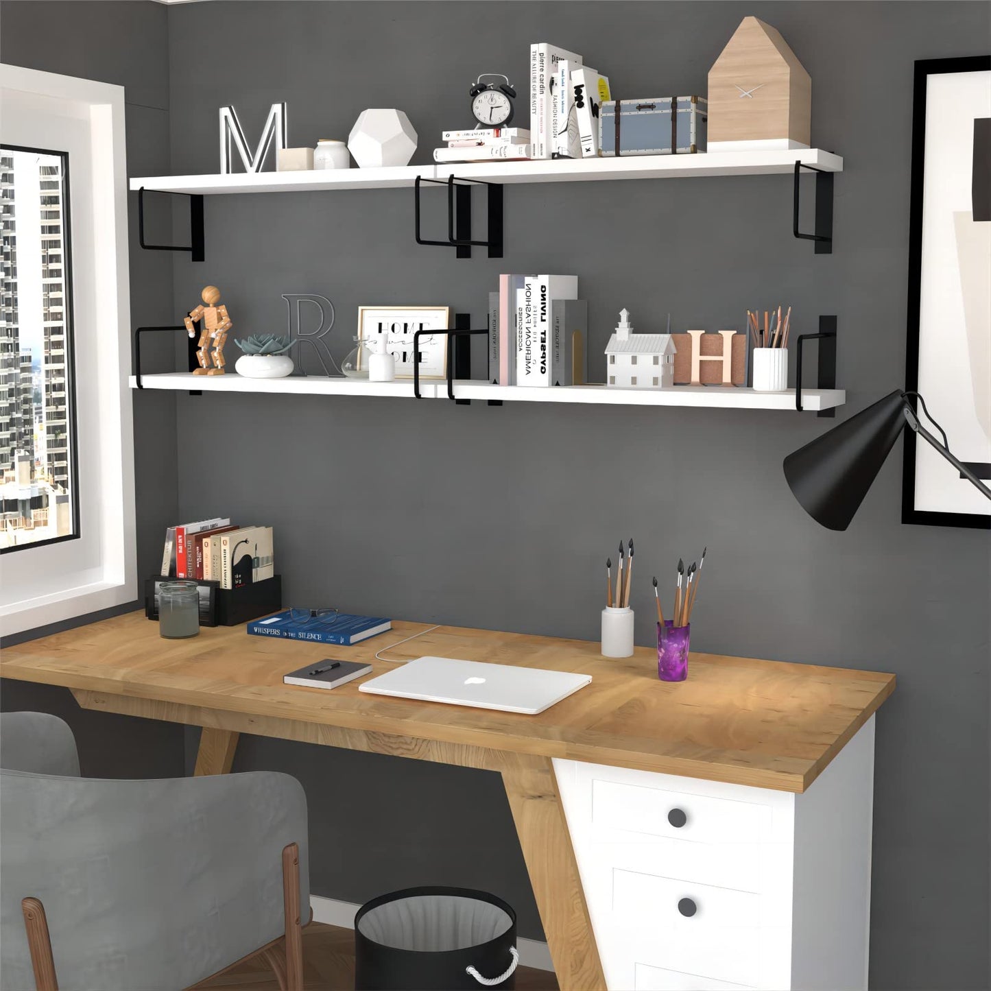 EALLRINEC Floating Shelves, 24 Inches Easy to Install Wall Mounted Shelves, Set of 3, Rustic Wood Shelves for Wall Decor, Storage Shelves for Living Room (White)