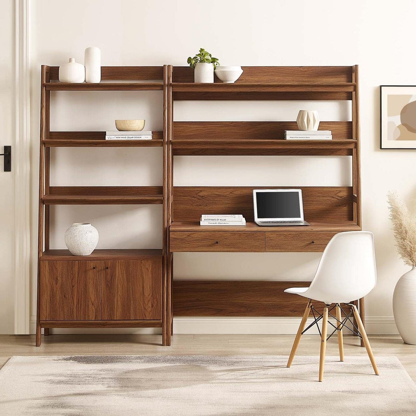 Modway 2-Piece Home Office Desk and Bookshelf Display Case in Walnut