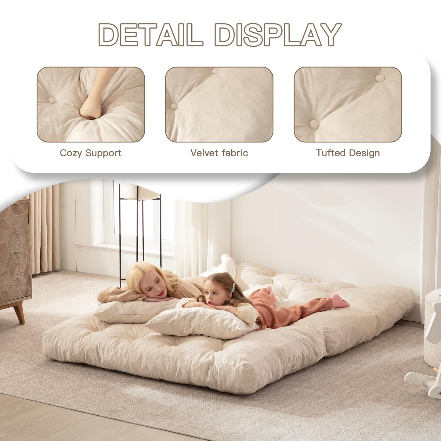 Folding Sofa Bed, Convertible Sleeper Chair with Pillow Foldable Mattress with Back Support, Portable Fold Out Chair Bed Comfy Floor Sofa Lounge for Living Room Bedroom, Beige Full 80x54 Inch