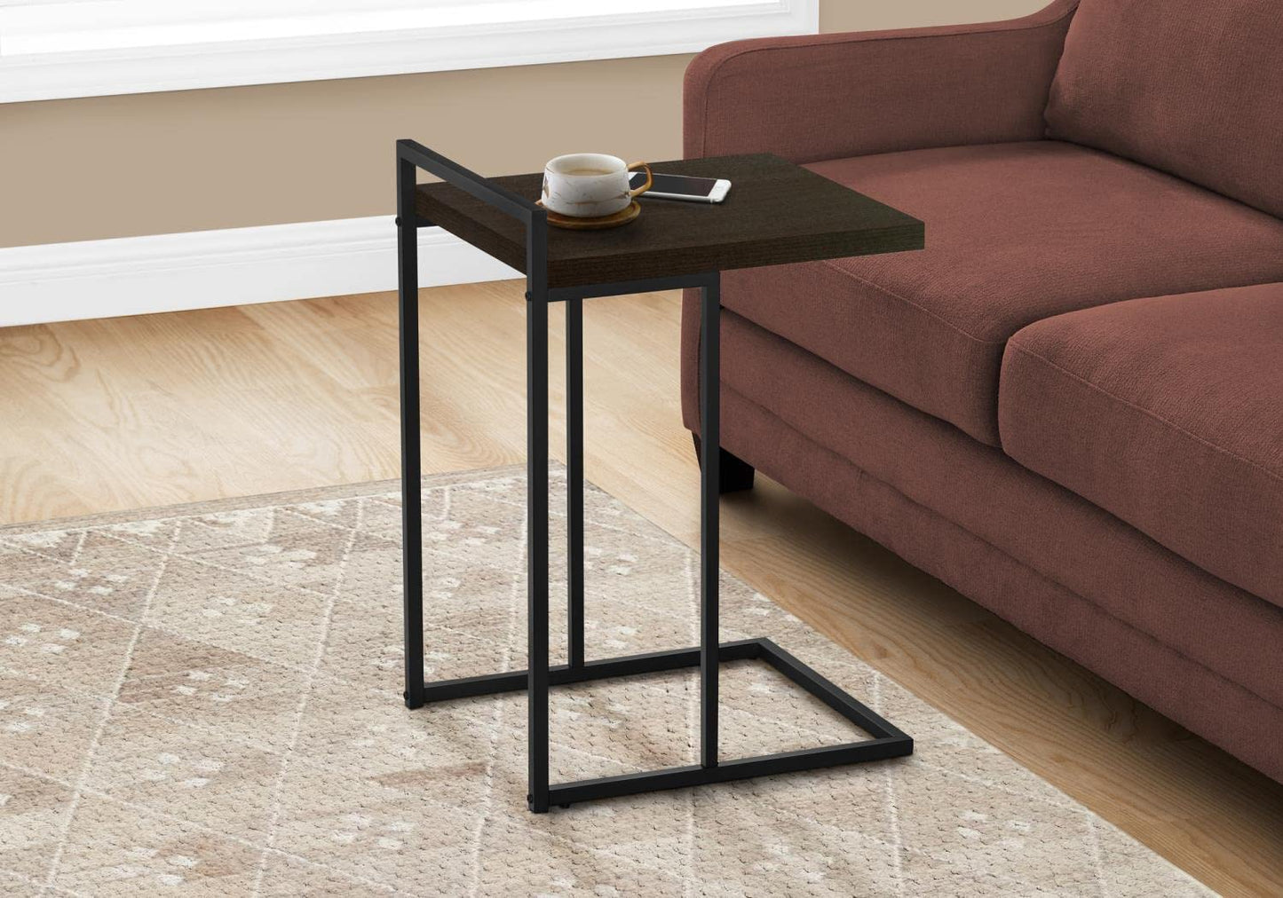 Monarch Specialties I 3635 Accent Table, C-Shaped, End, Side, Snack, Living Room, Bedroom, Metal, Laminate, Brown, Black, Contemporary, Modern
