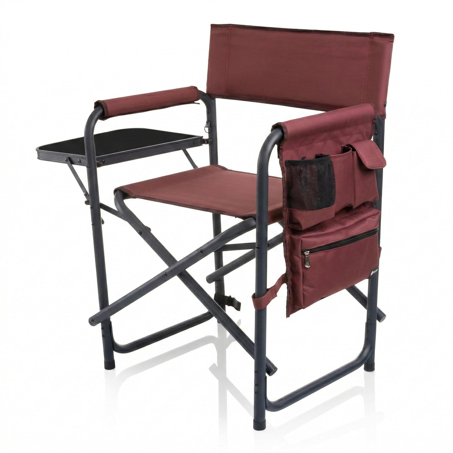 Picnic TIME Sports Chair with Side Table and Armrest Caddy, Lightweight Aluminum Folding Outdoor Camping Chair for Adults, Portable Director Style Lawn Seating with Pockets & Carry Strap, (Burgundy)