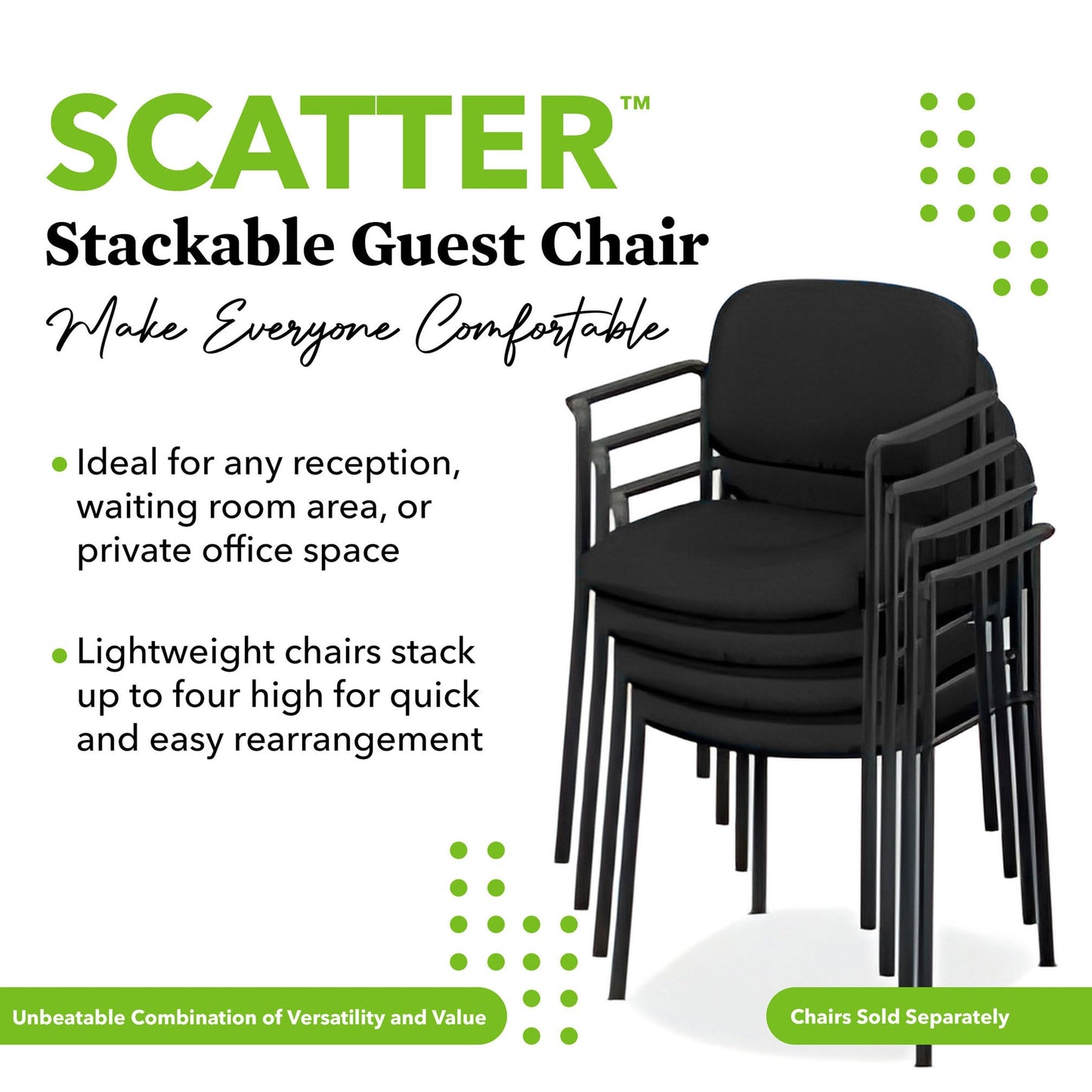 HON Scatter Fabric Guest Office Chair, Armless Stackable Seating for Waiting Rooms, Lobbies, Conference Areas, and Offices, Side Chair for Reception and Training Spaces, Black