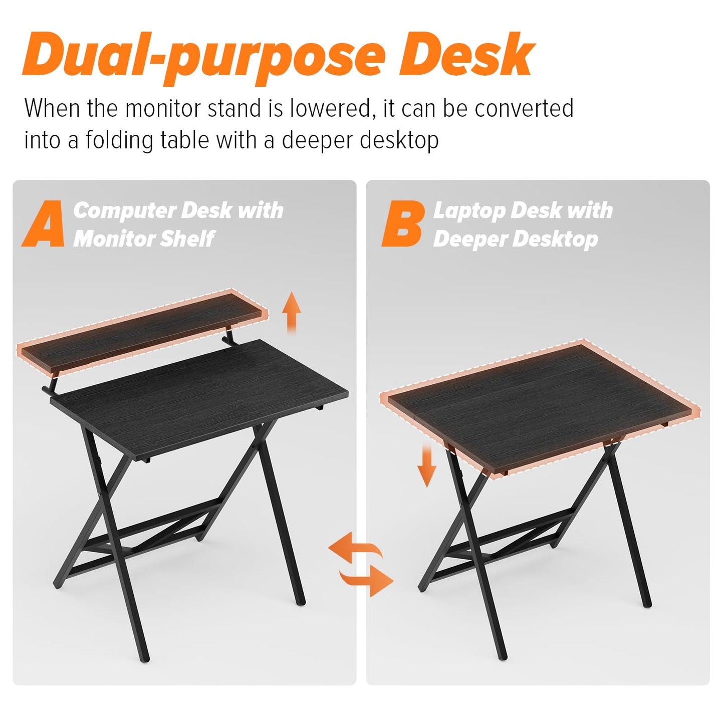 WOHOMO Folding Computer Desk with Adjustable Height, 23.6" x 31.5" x 25.6" Foldable Table with Monitor Stand, Small Office Desk for Bedroom, Space Saving Desk for Home Office, Easy Assemble, Black