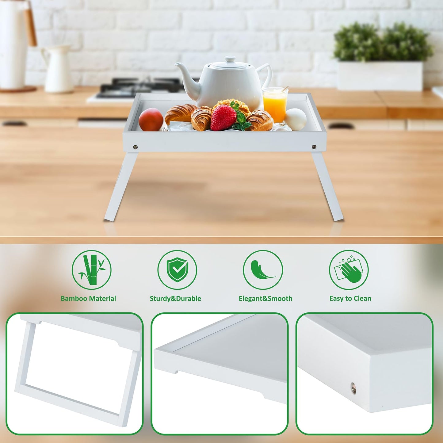 Bamboo Bed Tray Table with Folding Leg, Breakfast in Bed Tray for Eating,Kitchen Serving, Food, Sofa, Snacking or Working, Laptop Desk Dinner(1, White)