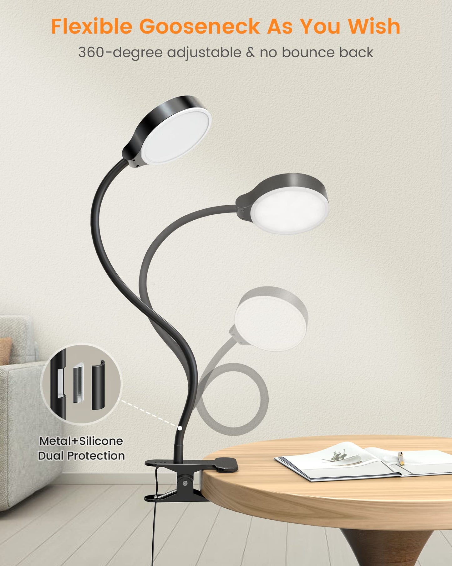 Glocusent 5W Clip on Light, 36 LED Eye Caring Reading Light for Bed, 3 Colors & 5 Brightness Clip on Lamp with Adapter, Perfect Desk Lamp with Clamp/Bunk Bed/Headboard/Table