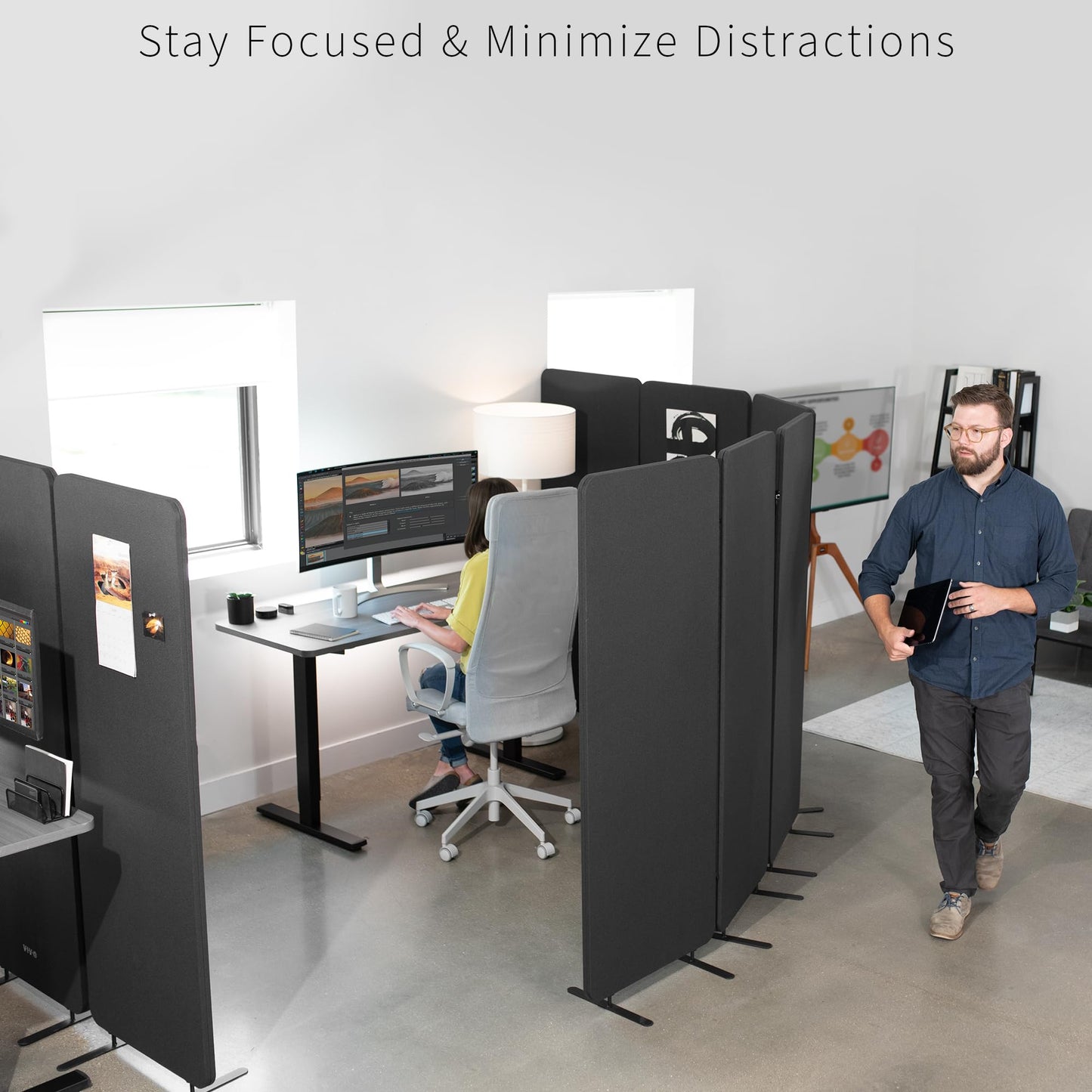VIVO Freestanding 72 x 66 inch Privacy Panel, Cubicle Divider, Acoustic Wall Partition, x3 24 inch Panels, Dark Gray, PP-3-T072D