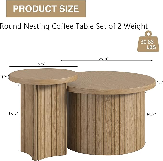 Mxtxmy Set of 2 Nesting Coffee Tables Farmhouse, Round Coffee Table Living Room