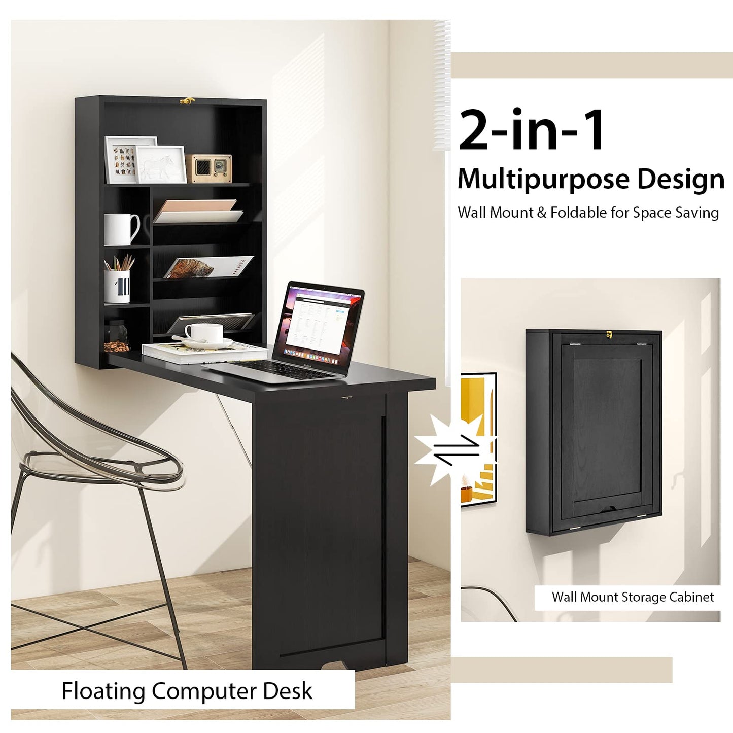 Byroce Wall Mounted Desk, Wood Collapsible Floating Desk, Convertible Computer Desk with Storage Area, Hanging Fold Out Table for Home Office, Small Spaces (Black)