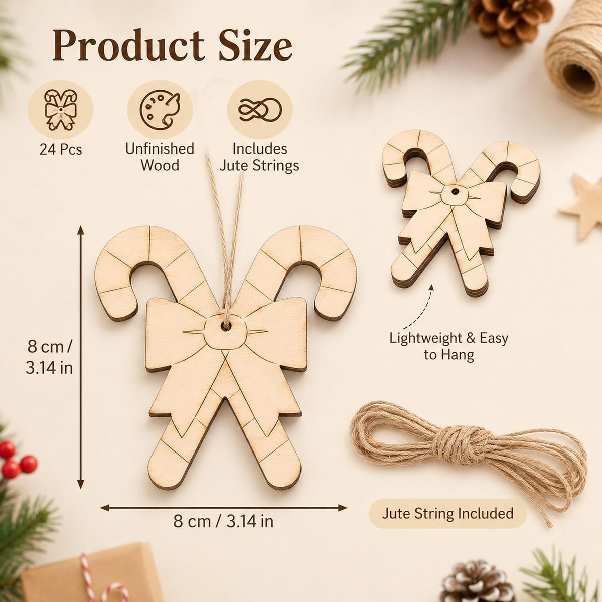 LOGOFUN 20PCS Wooden Candy Cane Cutouts Christmas DIY Ornaments Blanks