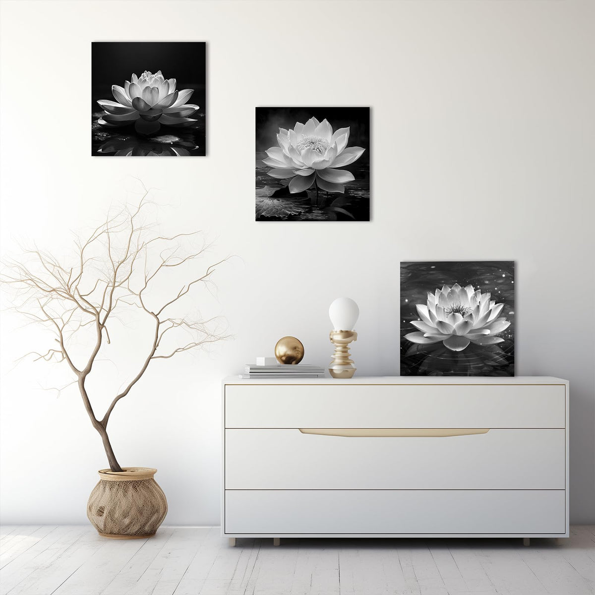 LZIMU Black White Zen Canvas Wall Art Blossom Lotus Picture Water Lily Prints Spiritual Artwork for Bathroom Meditation Yoga Spa Room Decor(Picture-3, (12.00" x 12.00"))
