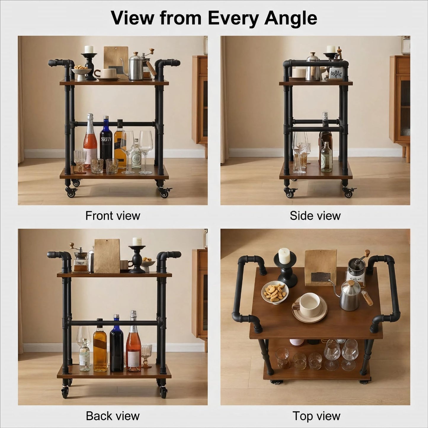 Industrial Pipe Bar Carts/Serving Carts/Kitchen Carts/Wine Rack Carts on Wheels with Shelves - Wood Rolling Carts - Wine Tea Liquor Shelves/Holder - Home Furniture (Two tiers pipe wood bar cart)