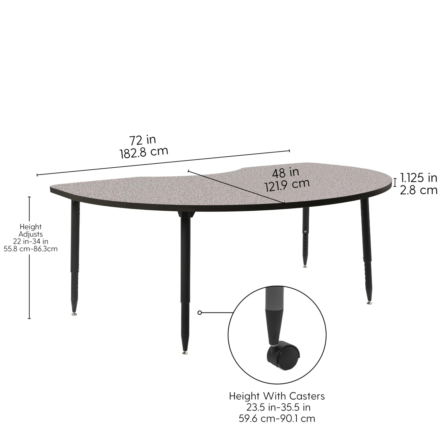 Adapte Commercial Classroom Activity Table - 48" x 72" Kidney, ADA Compliant Tapered Legs with Glides & Casters, Adjustable Height 22-34" Wheelchair Accessible, School & Office Furniture
