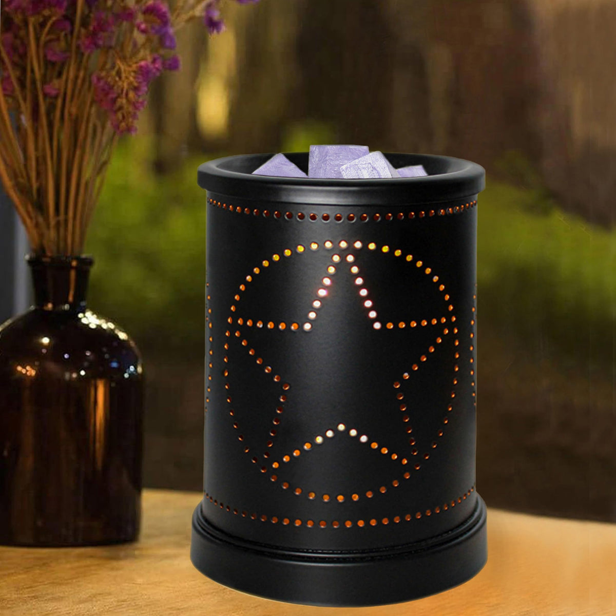 CVHOMEDECO. Electric Wax Melt Warmer Punched Stars Metal Tart Warmer Decorative Candle Warmer Burner for Scented Candles, Wax Melts and Tarts to Freshen Room, Idea for Home/Office Decor., Black