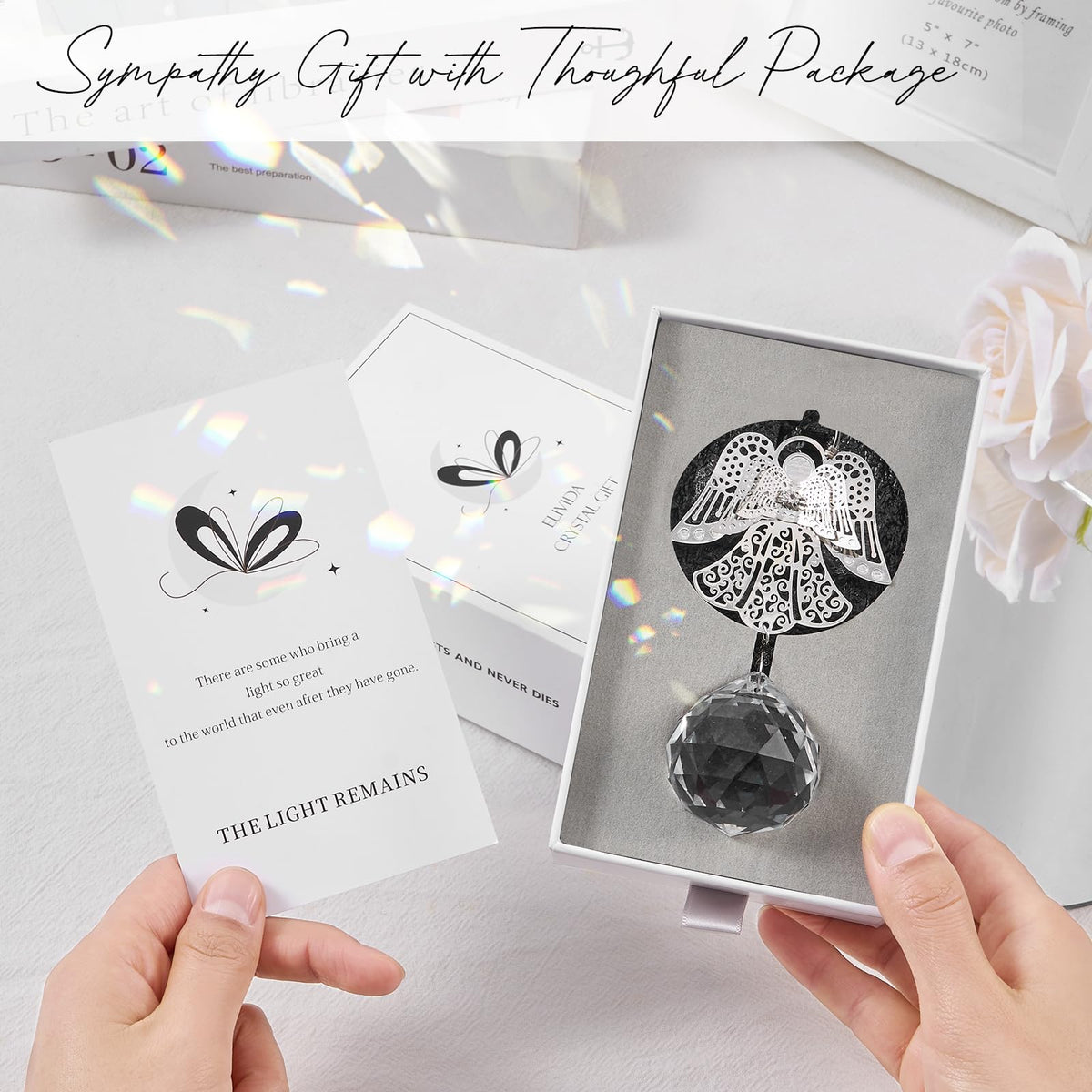 Elivida Memorial Modern Sympathy Gift for Loss of Mom - 3D Angel Design Grief Hanging Ornament With 40mm Clear Crystal Ball Rainbow Maker - Bereavement Idea for Women