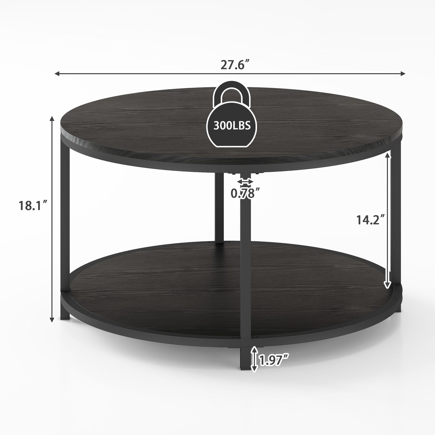 NSdirect Round Coffee Table, 27.6" Small Coffee Table for Living Room,2-Tier Rustic Wood Desktop with Storage Shelf Modern Design Home Furniture(Black)
