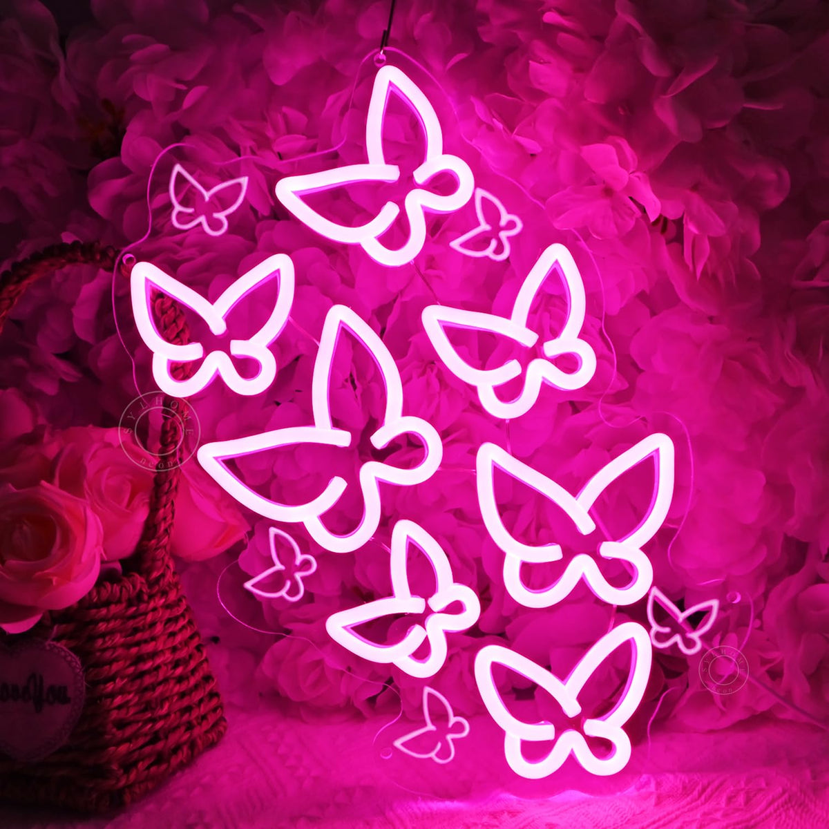 SYLHOME Pink Butterfly Led Neon Light Sign Bedroom Girls Room Kids Room Wall Sign Decor Cute Beauty Salon Birthday Christmas Party Decoration 15.75" X 10.1" USB