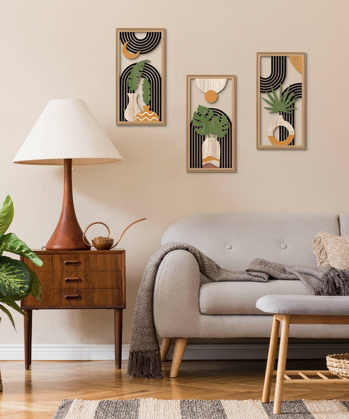 Putuo Decor Boho Abstract Wall Art Set of 3, Modern Minimalist Wooden Wall Decor, Geometric Aesthetic Botanical Artwork, Mid-Century Modern Design for Living Room, Bedroom, Office, Black 16.5 x 8.6