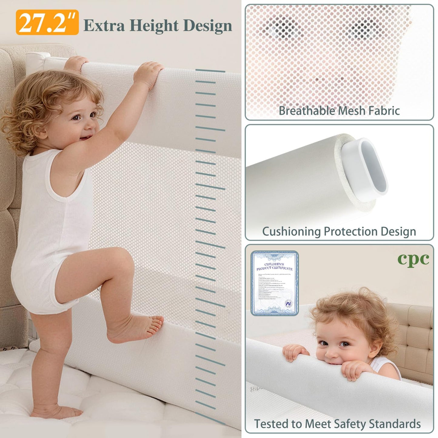 3 Piece Bed Rail for Toddlers, Bed Rails for King Bed, Double Lock Kids Bed Guard with Seamless Fit, Single-Side Lifting Design, Breathable Mesh & Thick Padded Cover (74.8*74.8*39 Inch- Twin Size)