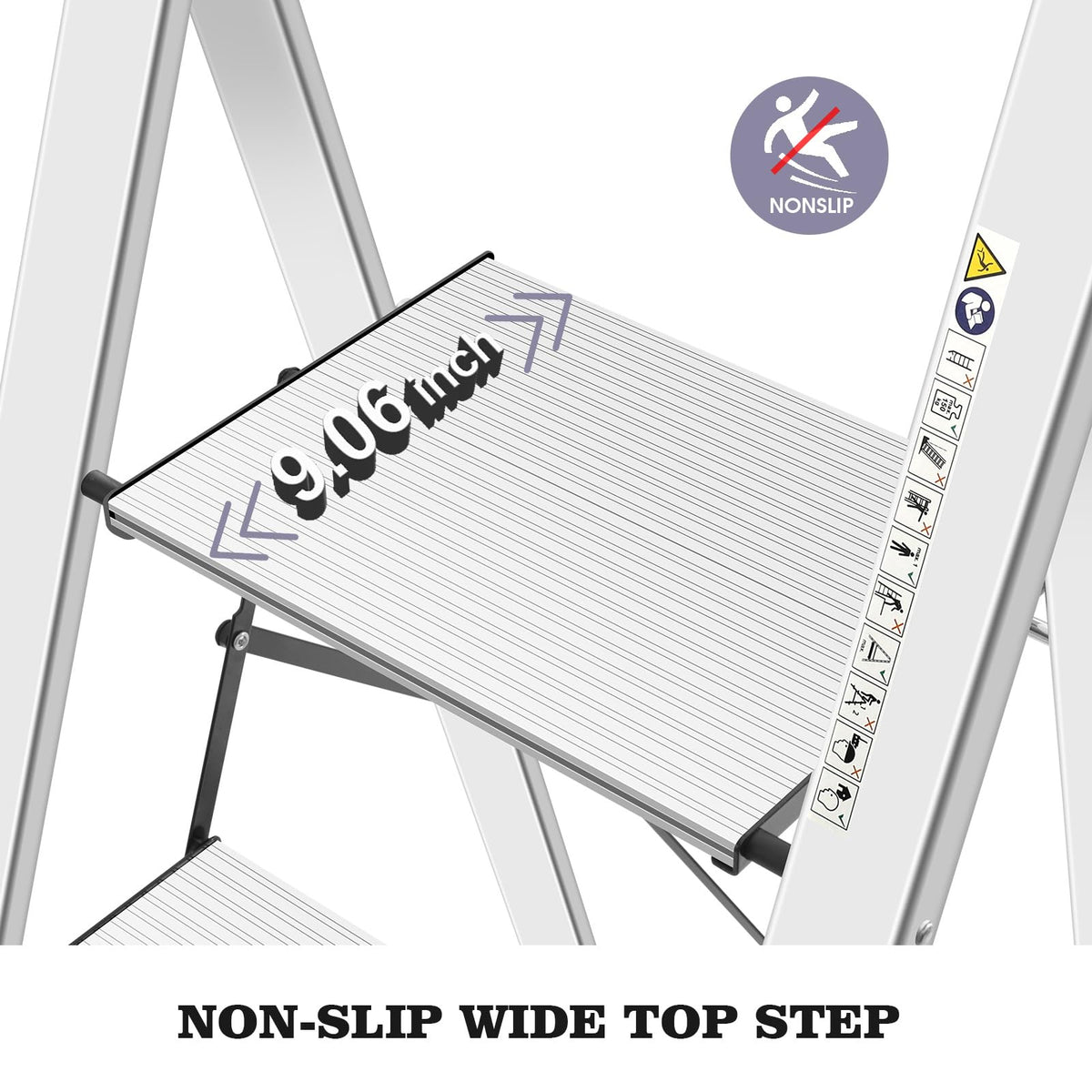 KINGRACK Aluminium 4 Step Ladder, Lightweight Step Stool with Non-Slip Pedals, Handrail, Foldable Step Ladder for Kitchen, Garage, Home, Space Saving, Sturdy and Portable, Silver