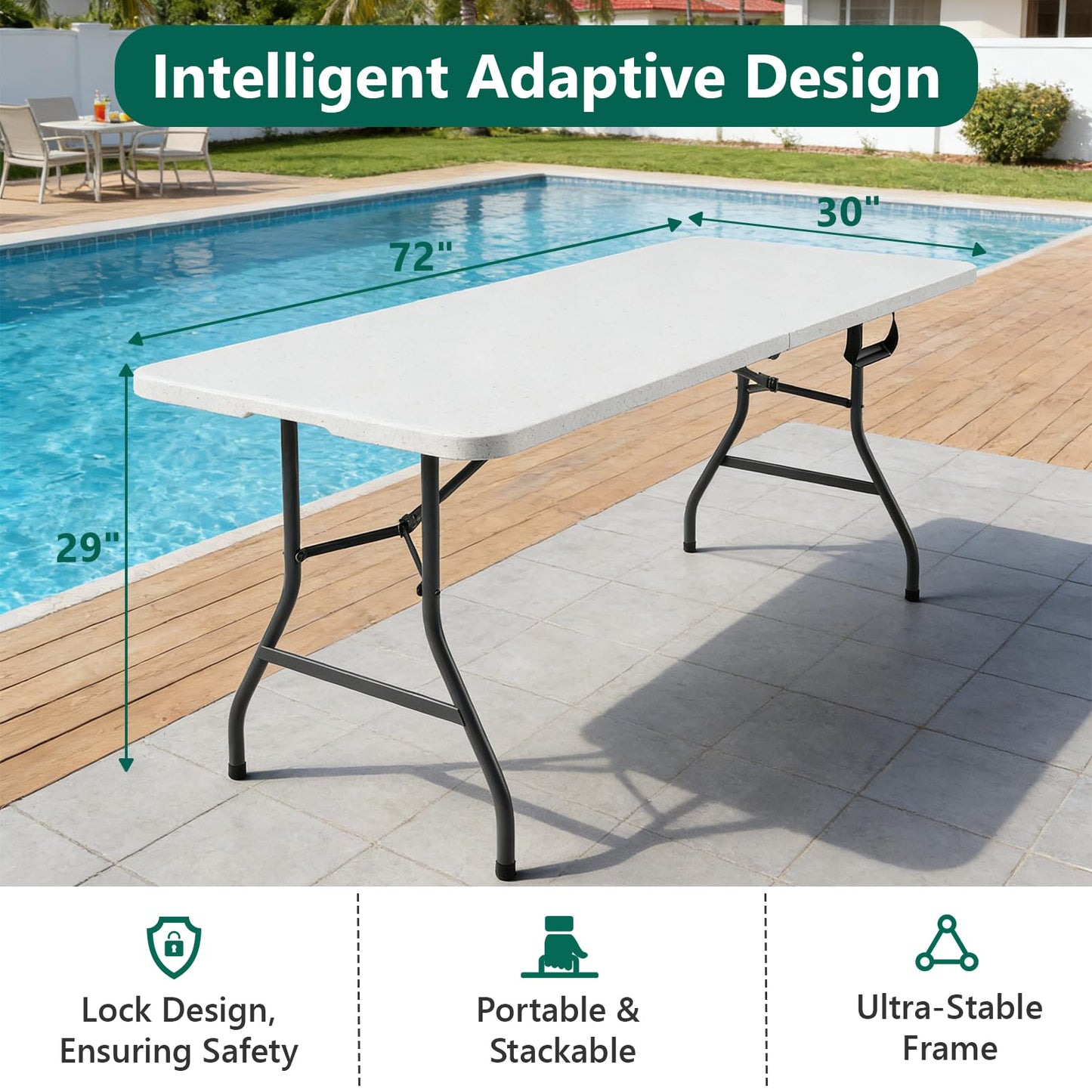 FurniEdge 6FT Folding Table, Heavy Duty Plastic Table with Handel, 300 lbs Portable Table, Reinforced Steel Legs, Fold-in-Half Table Ideal for Parties, Picnics, Weddings, Camping White