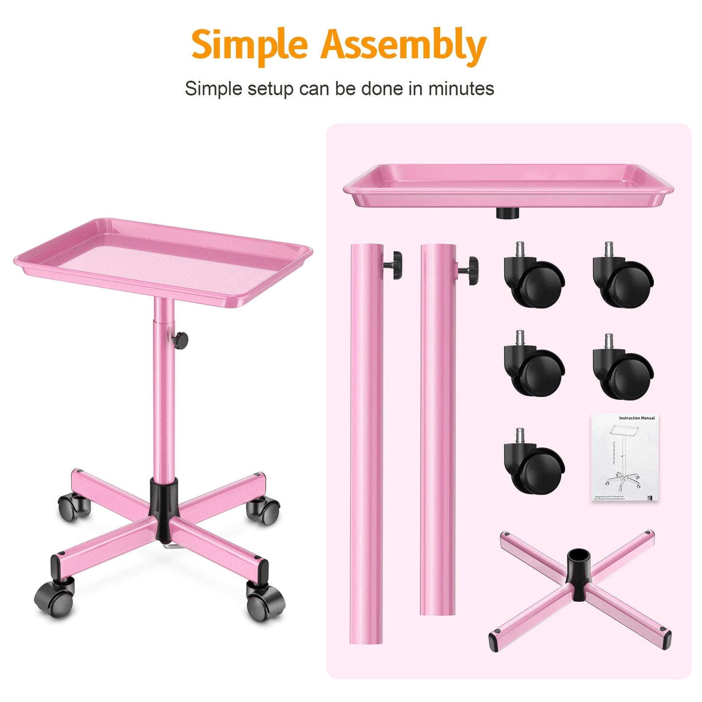 DEER BEAUTY Salon Tray on Wheels - Premium Aluminum Tattoo Tray Rolling Trolley - Adjustable Salon Service Rolling Tray Hairdresser Cart with Clinic Spa Rolling Tray Wheels (Pink)