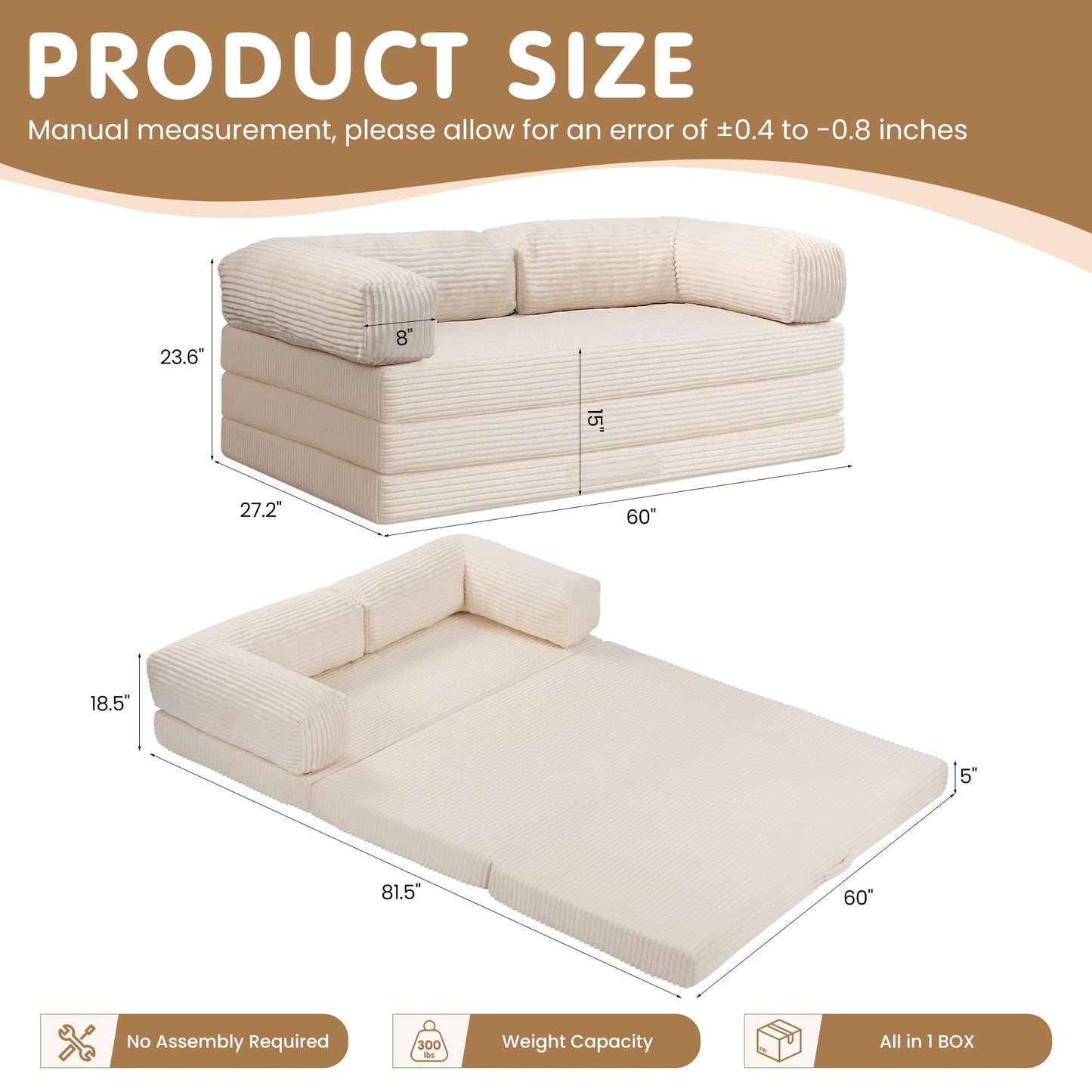 Convertible Sofa Bed Queen,5-in-1 Tri-Fold Boneless Couch with Removable Armrests & Handle,Corduroy Futon Sleeper Sofa,Floor Folding Mattress Pull Out Bed for Small Space Apartment Living Room Bedroom