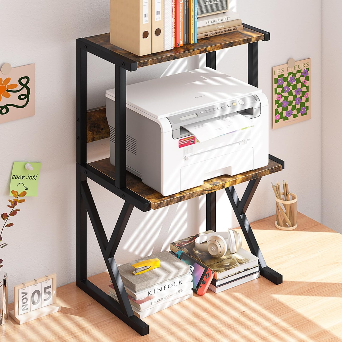 aboxoo Desktop Printer Stand with 3 Tier Wood Storage Shelves,Under Desk Printer Table,Multi-Purpose Home Office Desk Organizer for Fax Machine, Scanner (Brown)