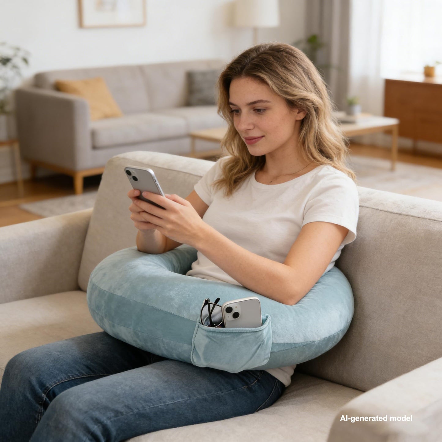 YFYDSMAO Reading Gaming Pillow,Crochet Pillows for Lap Support with Dual Side Pockets, Soft U-Shaped Lap Pillow for Bed Sofa Crocheting,Green
