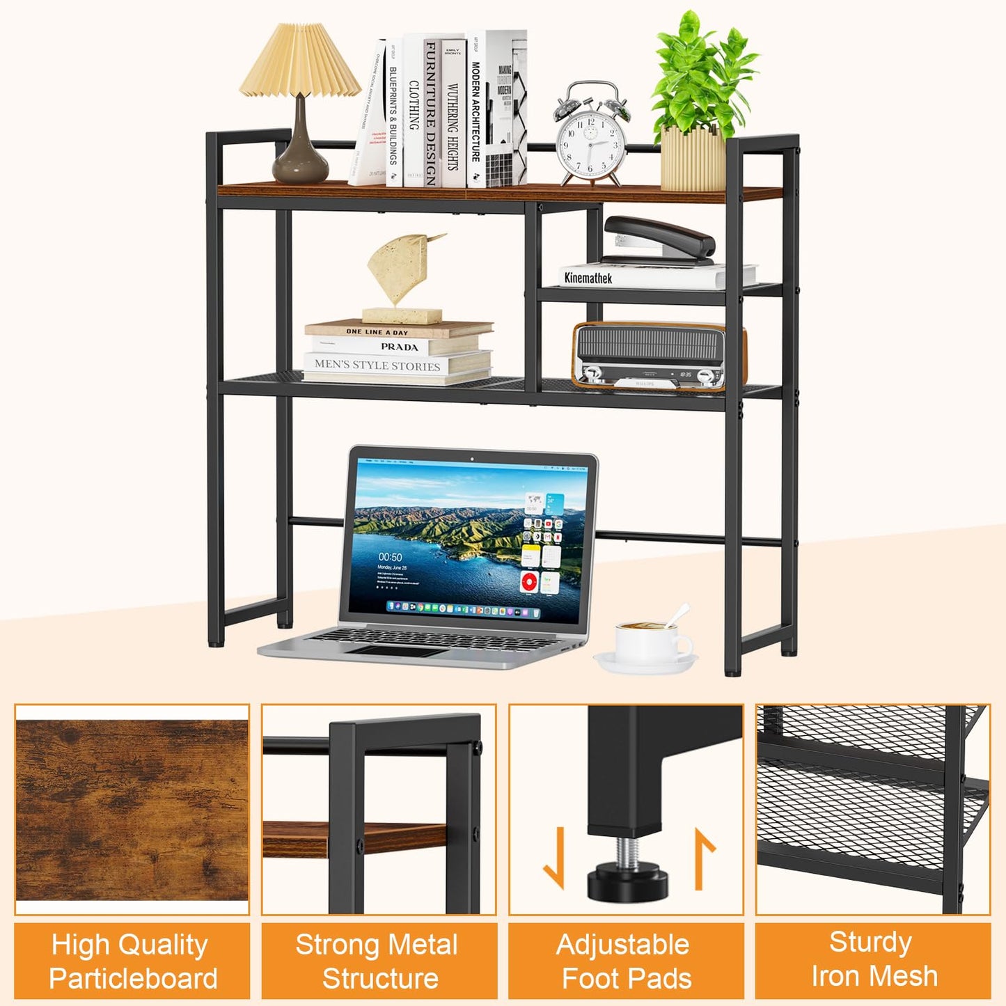 Snughome 31.9" Desk Shelf, Desktop Organizer Shelf, Desk Hutch Dorm, 3-Tier Desk Display Rack, Desktop Bookshelf, Multipurpose Wood Desk Organizer Storage Rack for Home Office Dorm