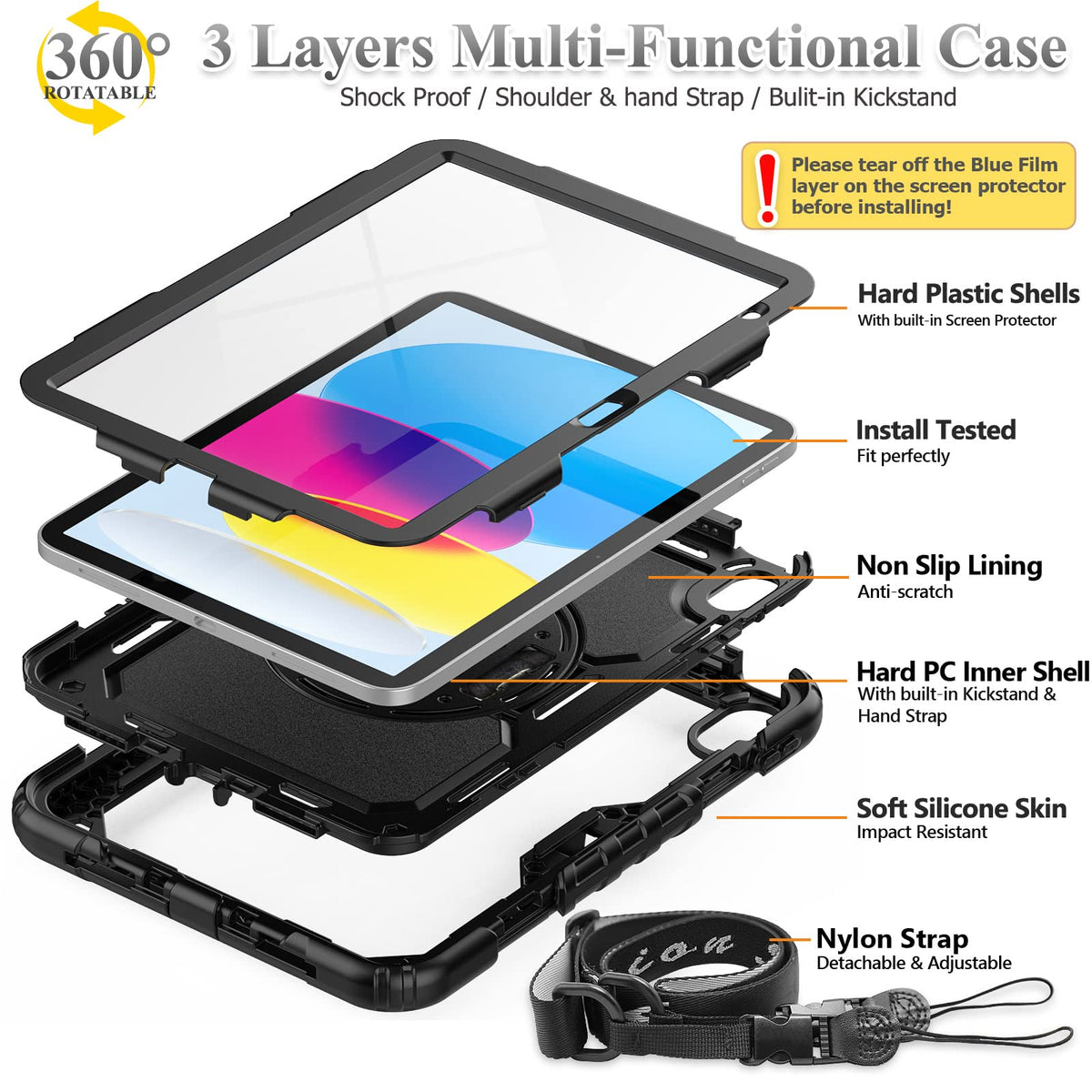SEYMAC stock Case for iPad (A16) 11th/10th Generation 11''/10.9'' 2025/2022, Full-Body Drop Protection Case with Screen Protector &360° Rotate Hand Strap/Stand, Black