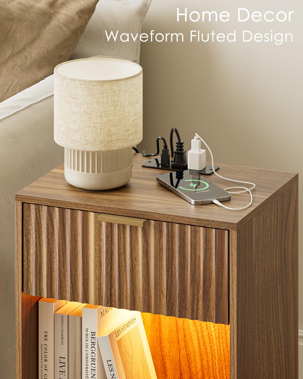 Masupu Fluted Nightstand with Charging Station and LED Lights,Modern Night Stand Wood Bedside Table with Storage Drawer Side End Table for Bedroom,Office,Walnut Brown
