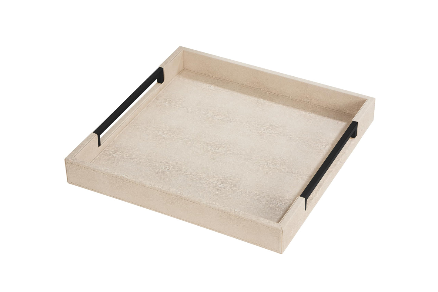 Sagala 16"x16" Ivory Shagreen Leather Serving Tray with Handles for Ottoman Coffee Table, Stylish Decorative Tray for Living Room Modern Home Decor (Ivory-Black, Square 16")