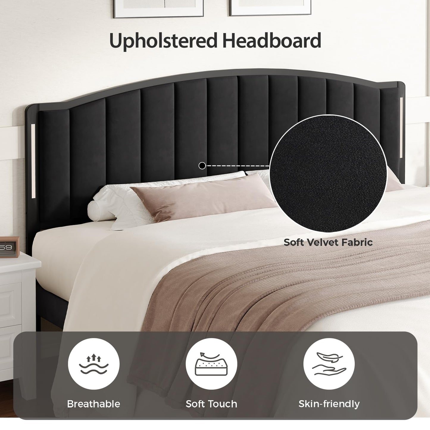 Salamir Headboard for Queen Size Bed with LED Lights, Upholstered Vertical Channel Tufting Head Boards, Velvet Headboard Only, Attach Frame, Ideal for Bedroom, Dorm, Guest Room, Black