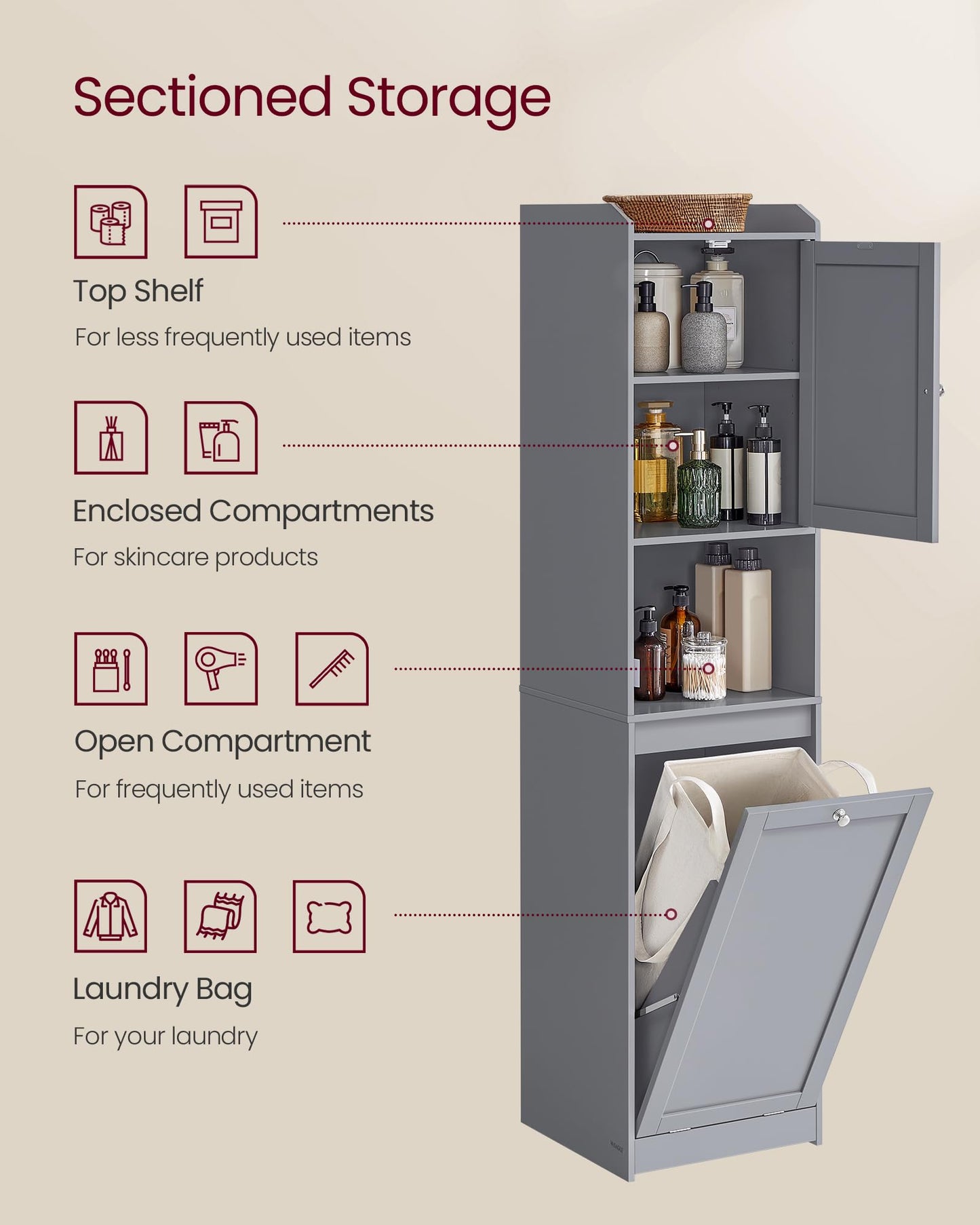 VASAGLE Tall Storage Cabinet, Storage Unit with Removable Laundry Basket, Compartment and Cabinet, for Bathroom, Living Room, 15.8 x 15.8 x 66.9 Inches, Dove Gray UBBC761G02