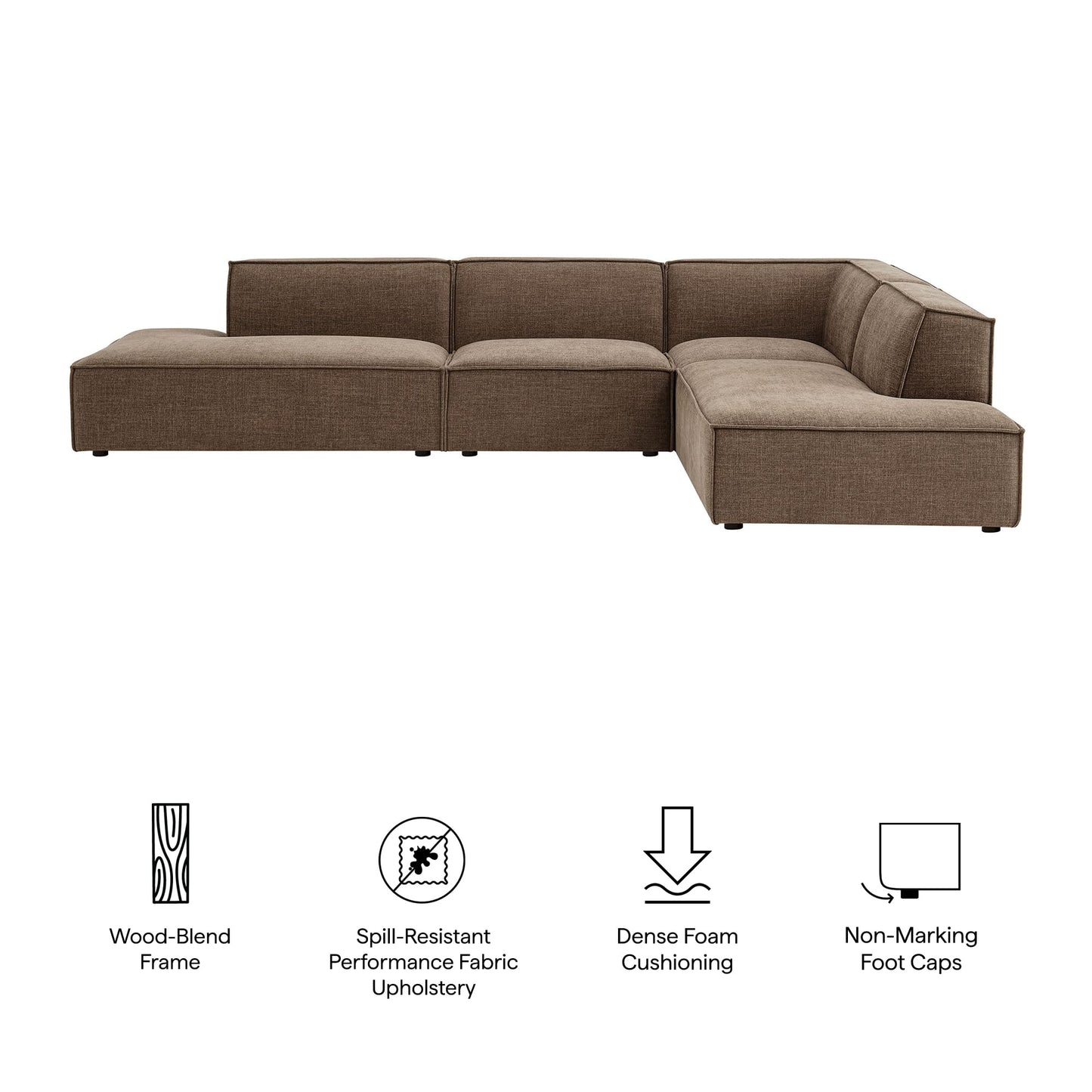 Modway Restore Performance Fabric Upholstered 4-Piece Modular L-Shaped Armless Sectional Sofa in Mocha – Low Profile Couch with Coil Seat Support and French Piping