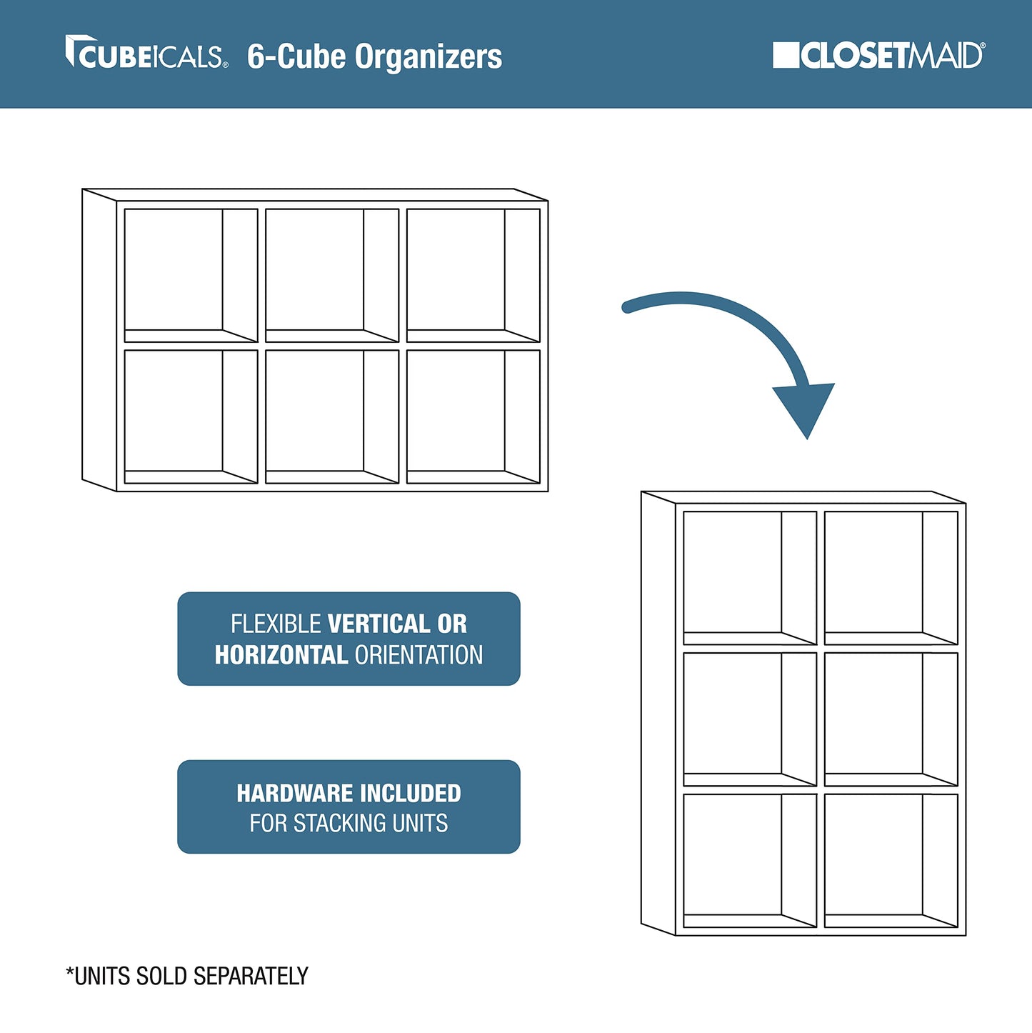 ClosetMaid Cubeicals 6 Cube Storage Shelf Organizer Bookshelf, Stackable, Vertical or Horizontal, Easy Assembly, Wood, White Finish