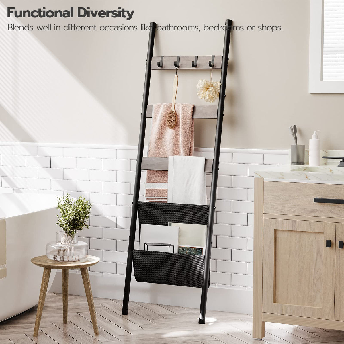 HOOBRO Blanket Ladder, 5 Tier Towel Rack, 17.3" L x 63" H, Wall-Leaning Blanket Rack for Living Room, Decorative Ladder with 4 Hooks and Magazine Pocket, Greige BG32CJ01